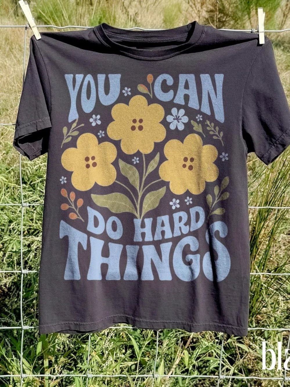 You Can Do Hard Things Kids Graphic Tee - Black with Yellow Flowers